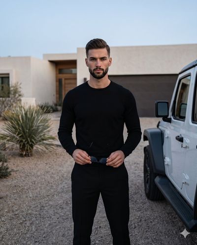A confident man in black holds sunglasses by a white Jeep Wrangler