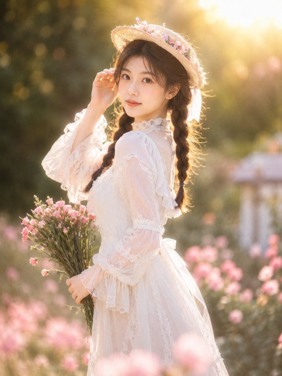 Golden hour glow illuminates a woman in a white lace dress