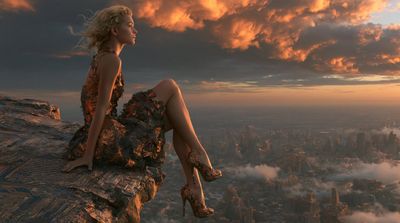 A blonde woman in bronze dress sits on a cliff above a futuristic city