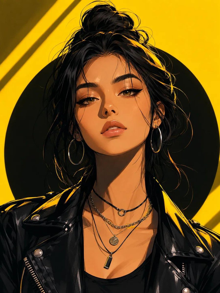 A neon yellow halo frames a woman with bold eyeliner