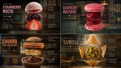 Deconstructed nostalgic snacks explode in a blurred kitchen scene
