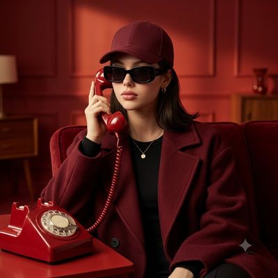 Woman in burgundy coat holds red telephone on sofa