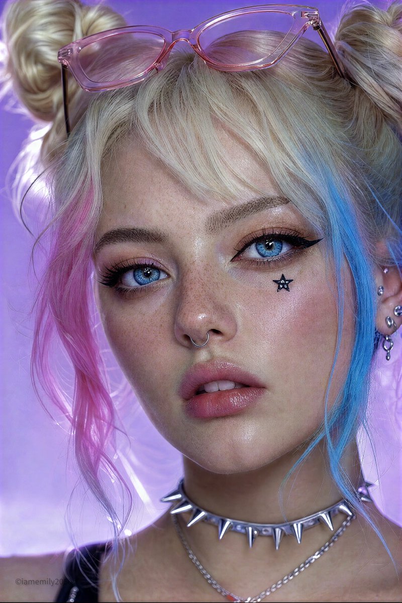 Cyber e-girl with platinum space buns stares through pastel haze