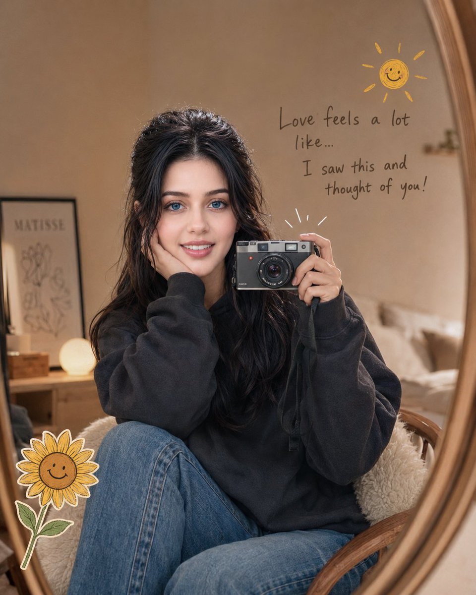 Woman in oversized hoodie takes cozy mirror selfie with doodles