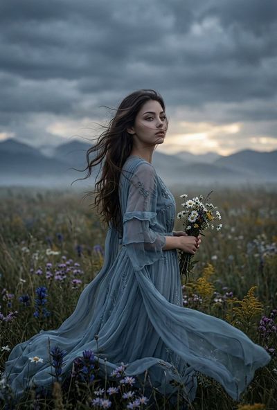 A melancholic woman in a blue gown stands in a stormy meadow at dusk.