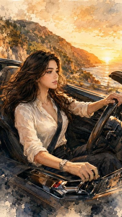 A woman drives a Lamborghini along a golden coastal sunset