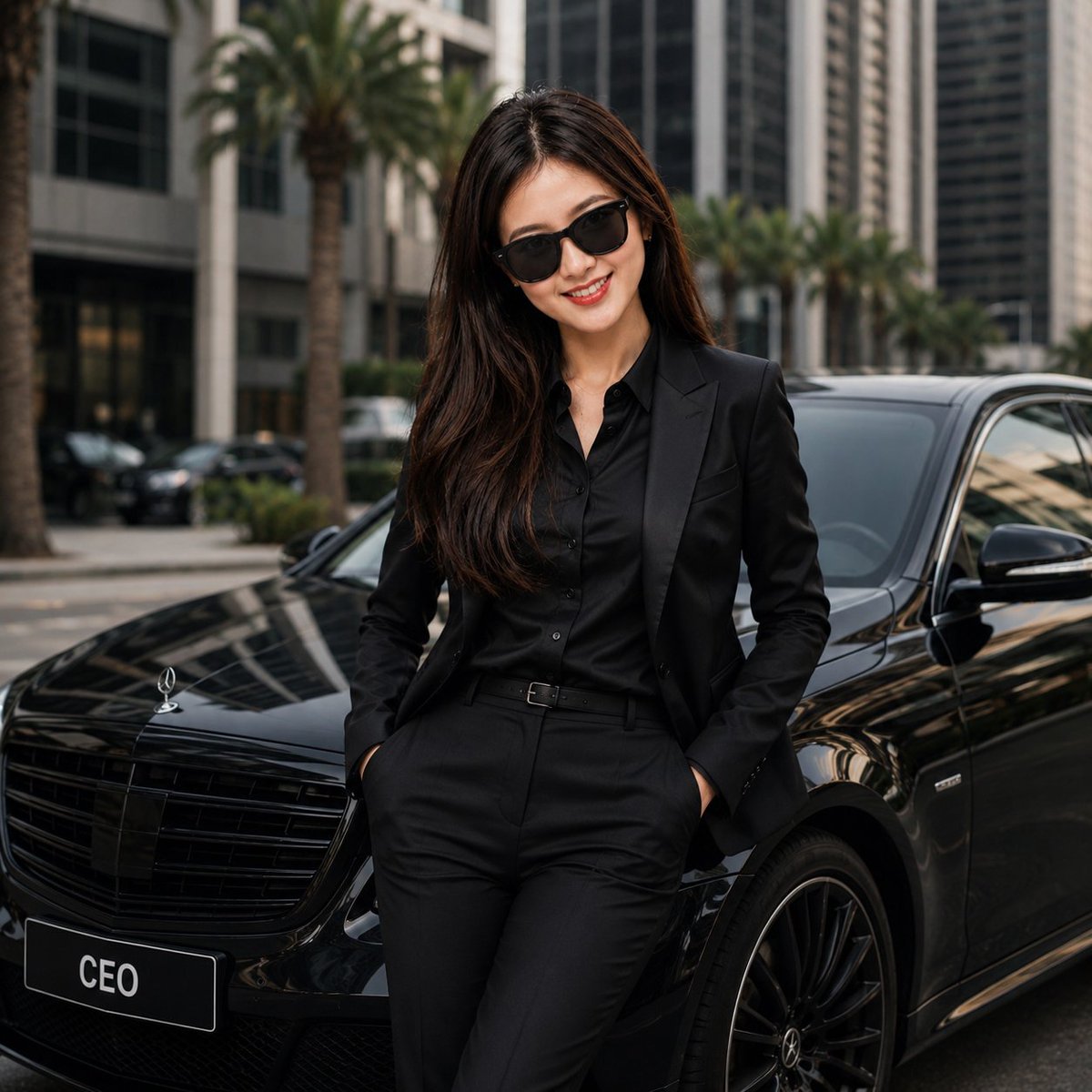 Confident CEO poses beside luxury black car in golden light