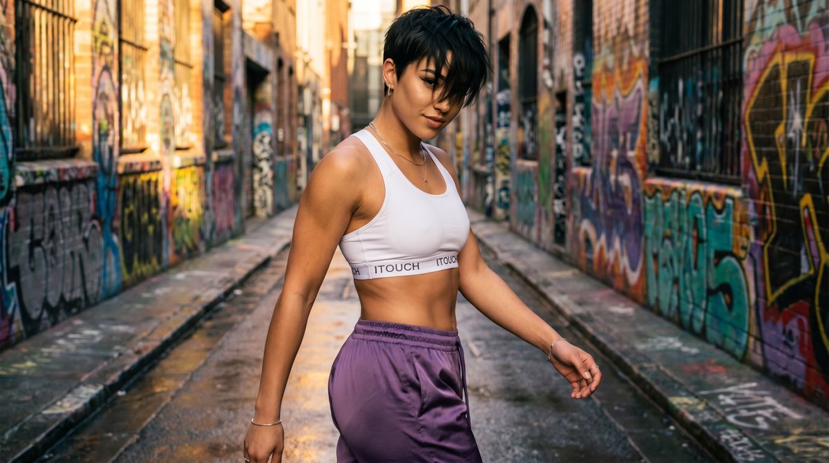 Woman in wet alley wears white crop top and purple joggers