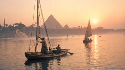 Fishermen cast nets on the Nile at dawn in Cairo 1970.