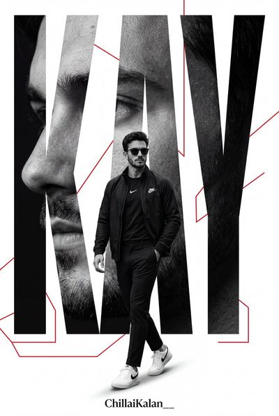 Confident man in black Nike walks forward with bold portrait