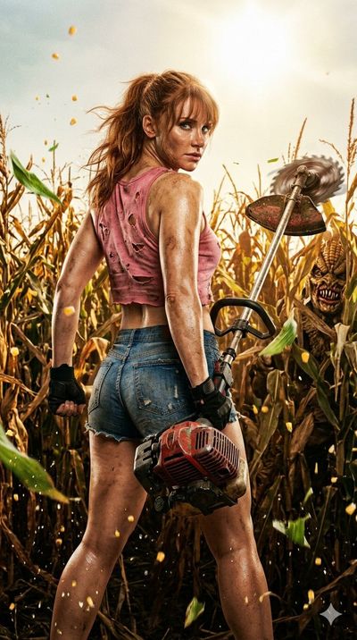 A fierce woman swings a modified weed wacker in a cornfield