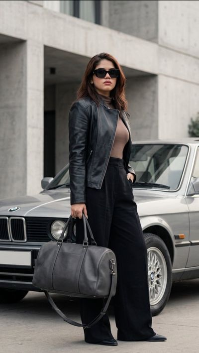 Woman in Black Leather Bomber Poses Beside Vintage BMW