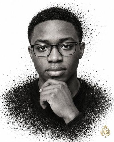 Man's face dissolves into ink particles in monochrome portrait