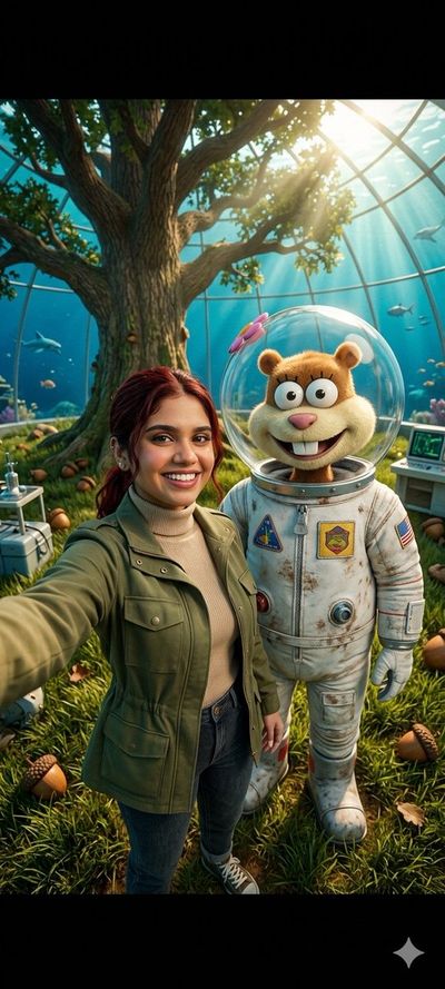 Young woman poses with astronaut squirrel in underwater dome