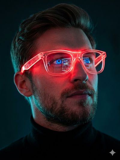 Man in black turtleneck gazes upward through neon red glasses