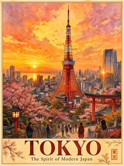 Tokyo Tower glows at sunset as cherry blossoms frame Mount Fuji