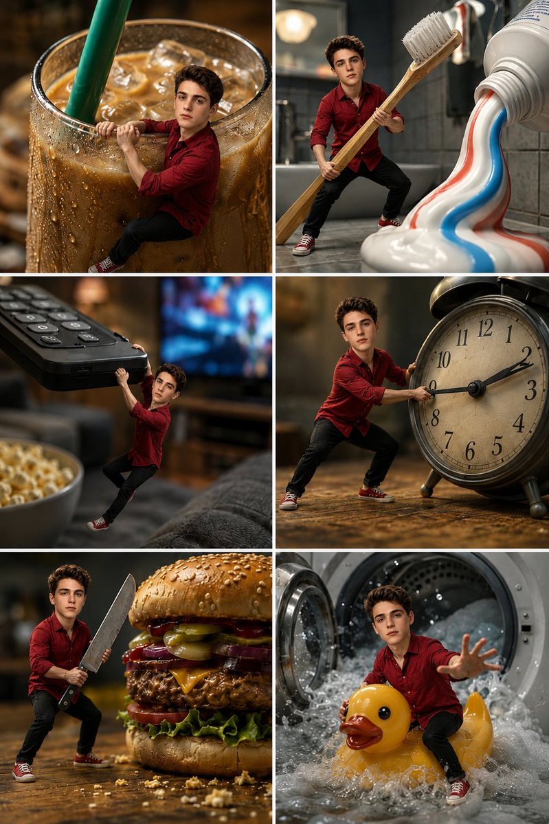 Tiny man fights giant coffee mug in a cinematic miniature scene