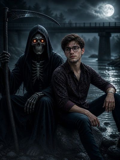 Midnight Reflection by the River with a Grim Companion