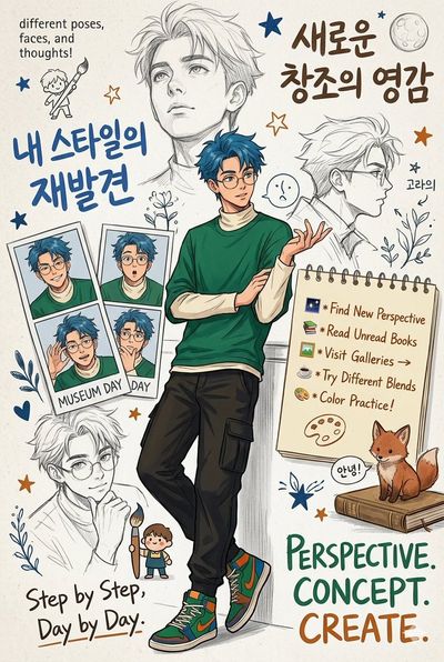A blue-haired artist stands surrounded by sketches and motivational notes.
