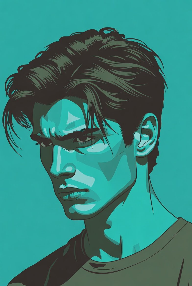 A minimalist vector portrait with intense downward gaze
