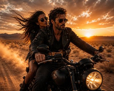 A rugged man rides a motorcycle through golden desert dunes at sunset