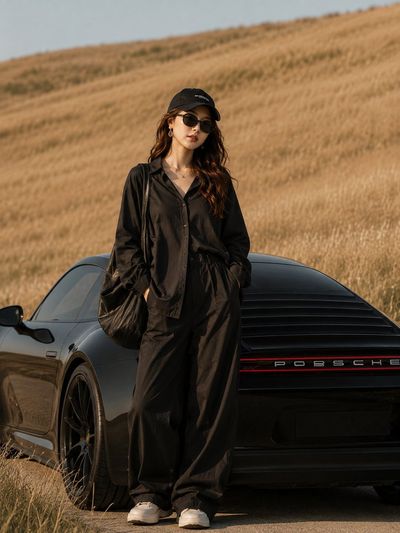A woman leans against a matte black Porsche on golden hills