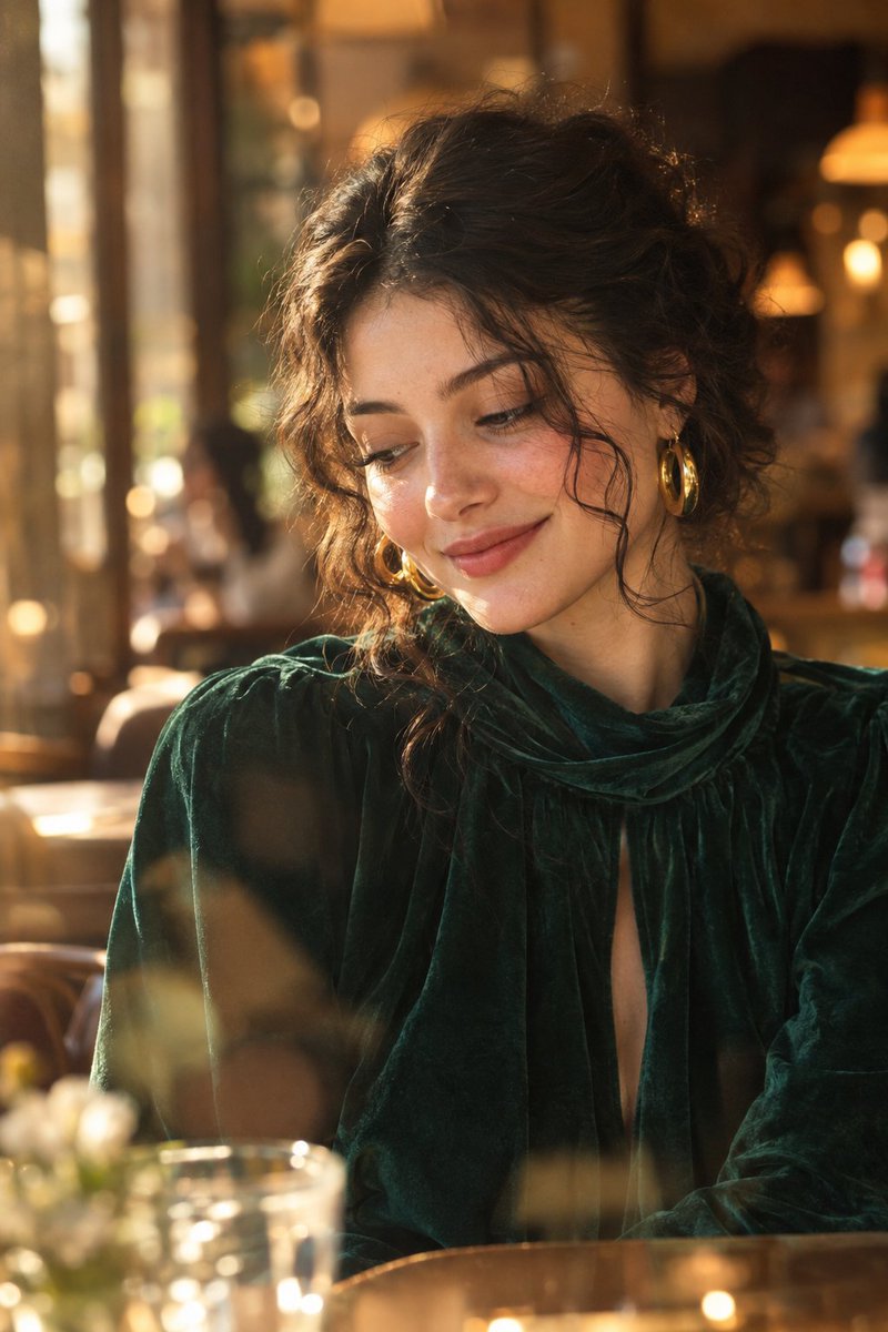 Serene Woman in Emerald Velvet Sits in Golden Café Light