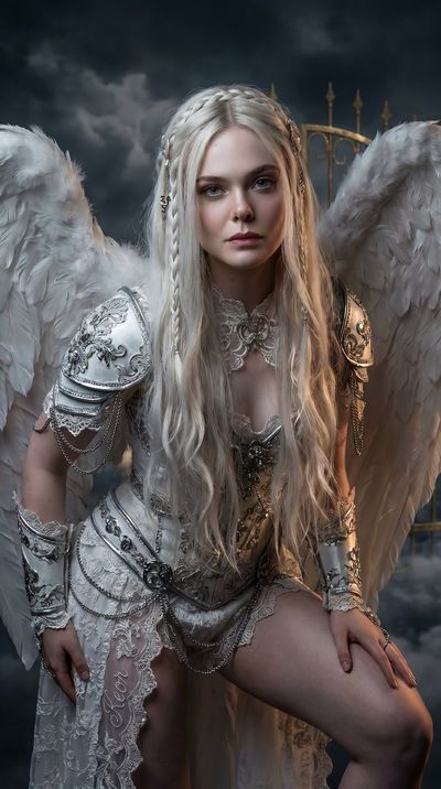 Regal angelic warrior with platinum wings stares confidently at camera
