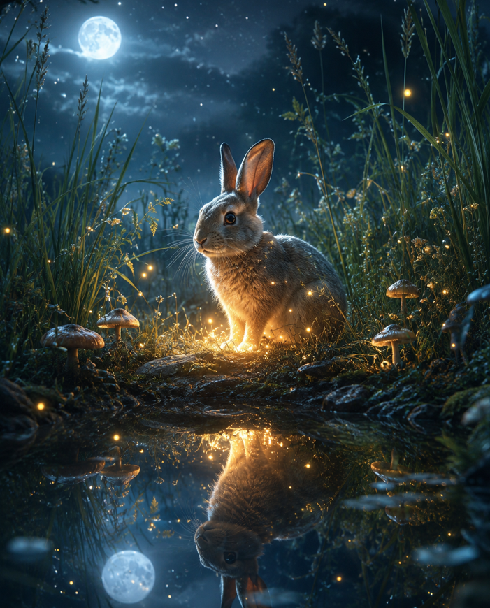 Moonlit hare rests in glowing meadow beneath starry twilight sky