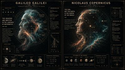 Galileo and Copernicus stand beneath a star-filled nebula