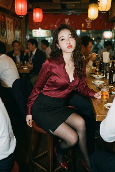 Intimate 35mm Portrait of a Seductive Japanese Woman in Izakaya Nightlife