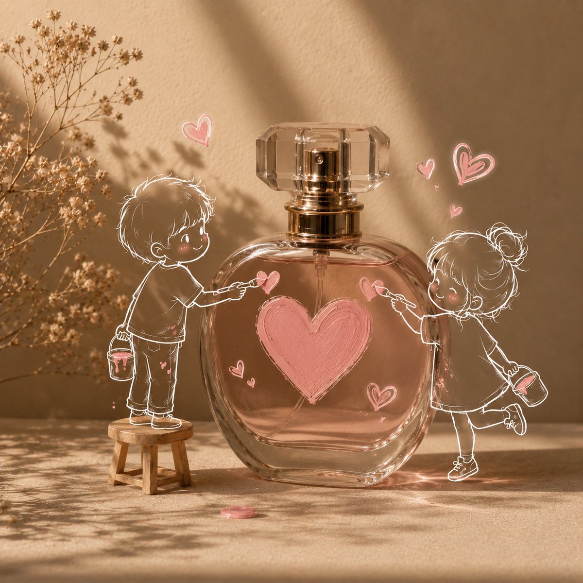 Beige studio scene with sketch character hugging a minimalist product