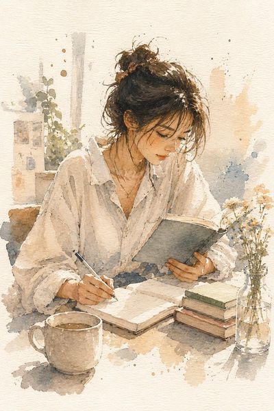 A young woman reads and writes in a cozy morning scene
