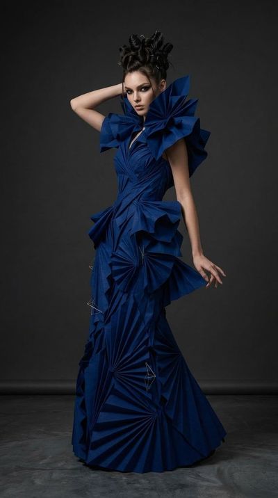 Model poses in royal blue origami gown with sculpted collar