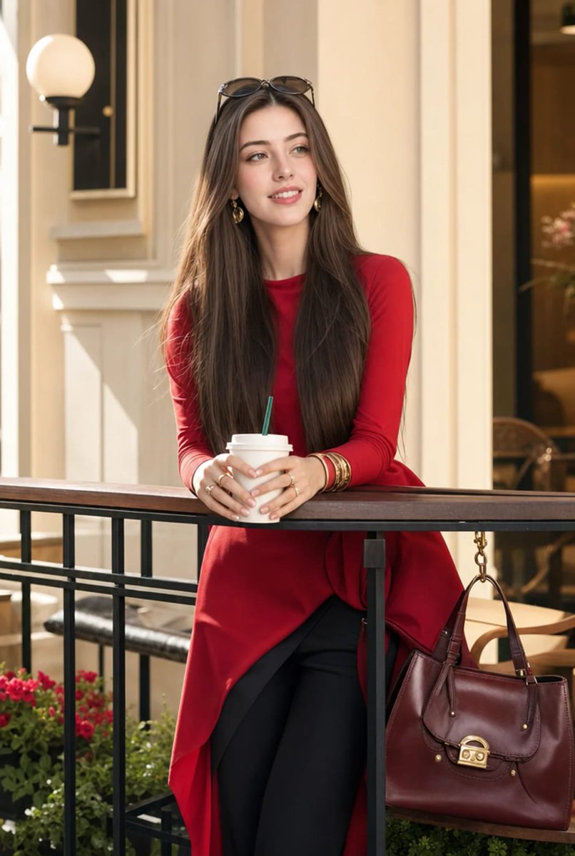 Elegant woman leans on balcony with coffee and style