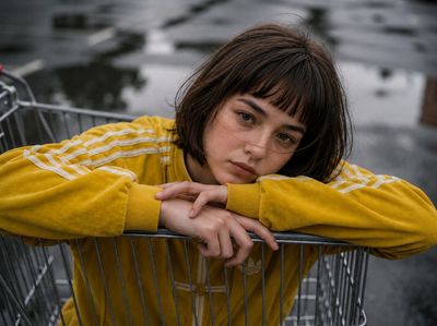 Young woman in yellow tracksuit leans on shopping cart in rain