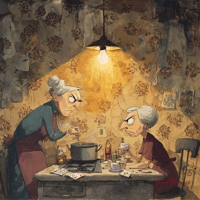 Two elderly women argue in a dimly lit kitchen at midnight