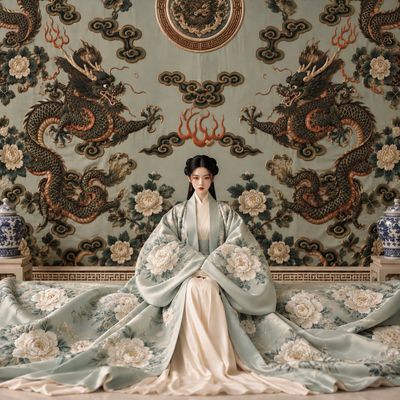 Serene Noblewoman in Celadon Hanfu Seated in Ancient Palace Hall