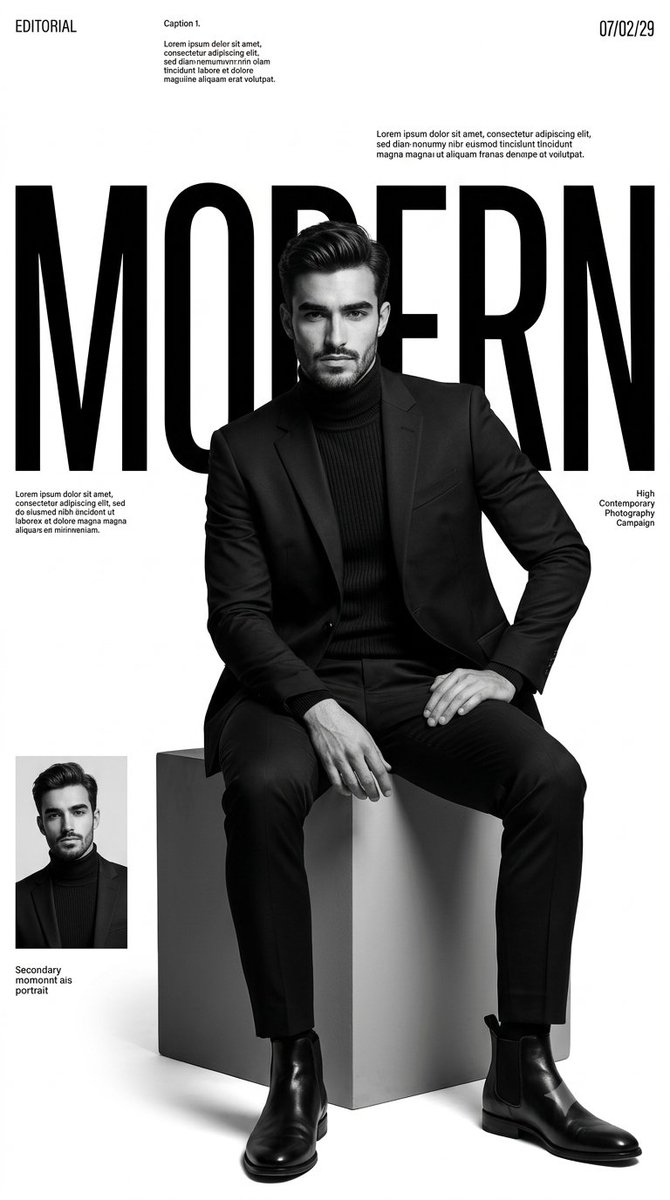 A sharp-suited model sits on a geometric cube in monochrome