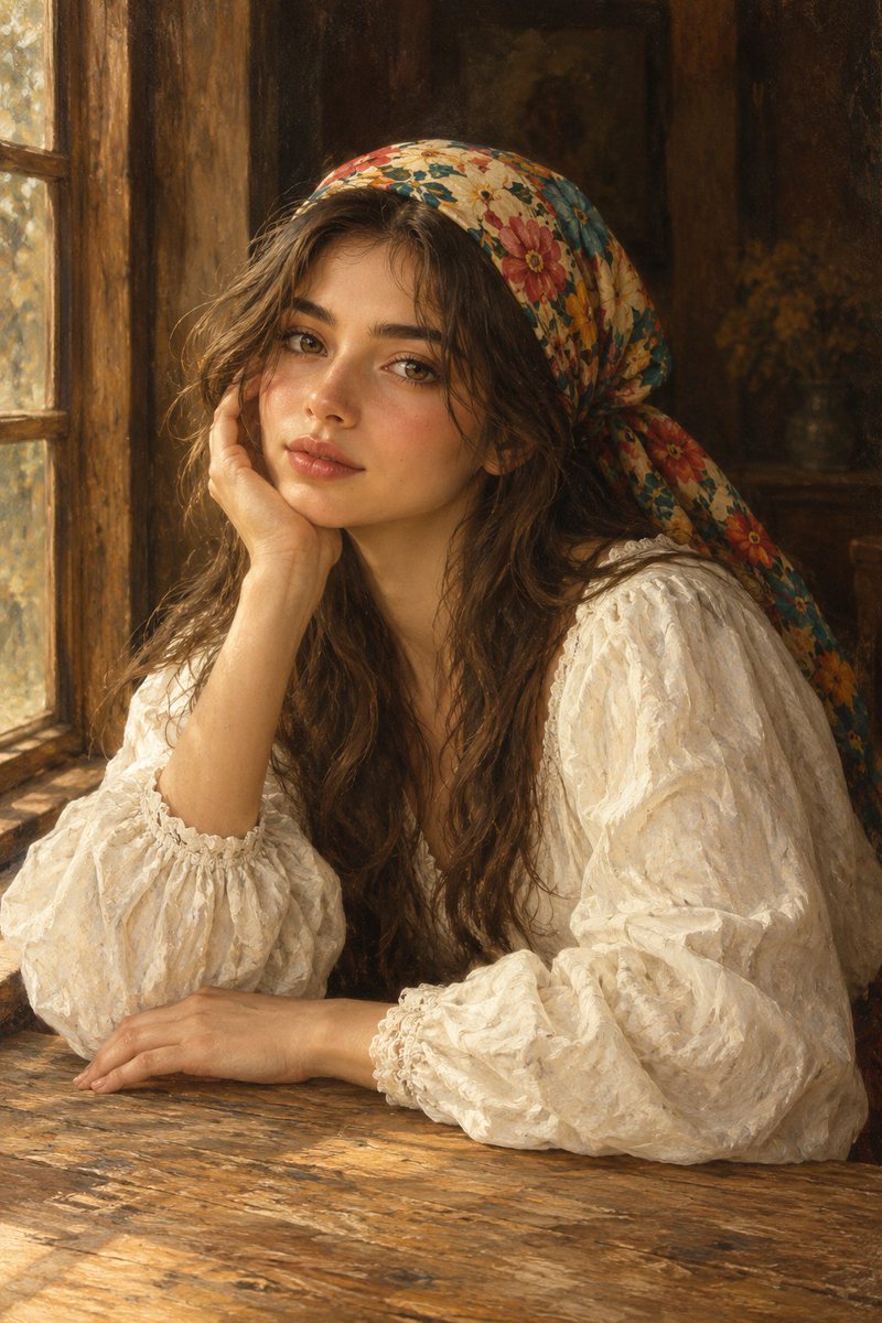Woman in floral headscarf sits by rustic window in warm light