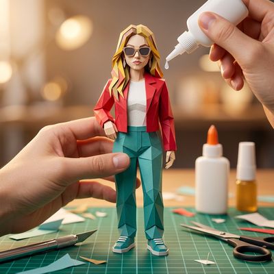 Intricate 3D Paper Craft Figurine in a Cozy Studio Setting