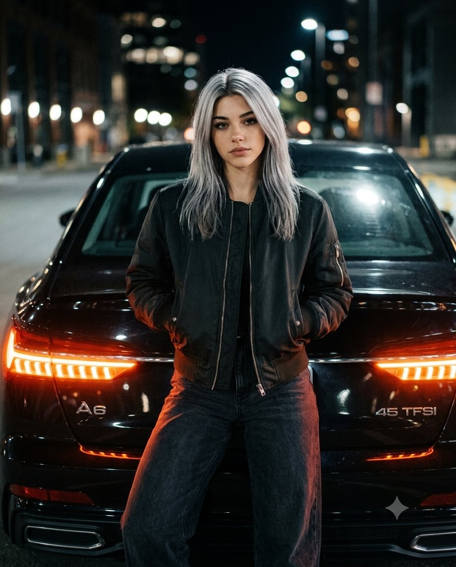 Serious woman leans against black sedan under harsh spotlight
