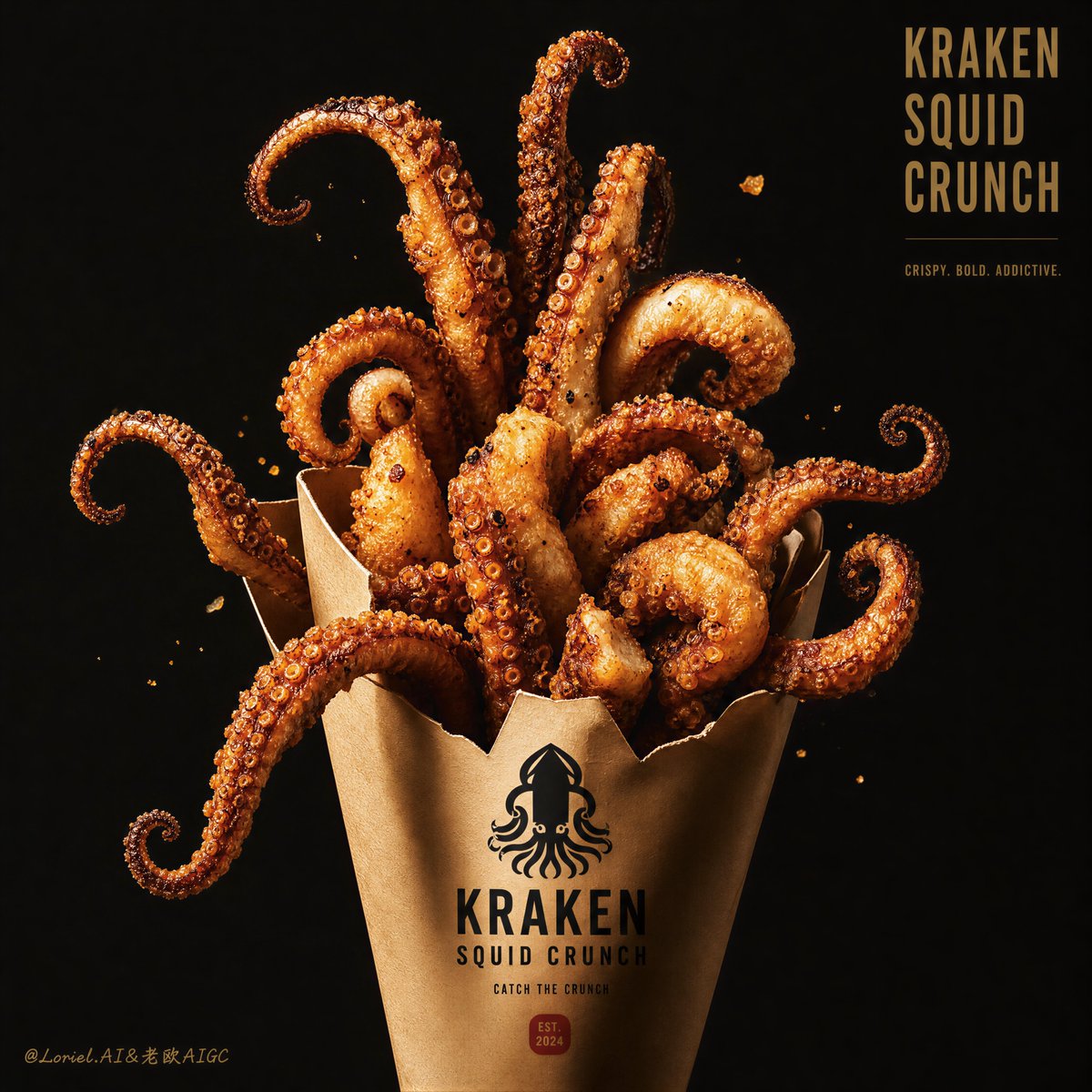 Crispy squid tentacles burst from premium paper cone packaging