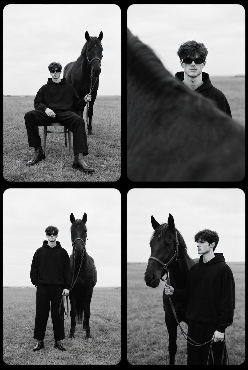 Confident man and black horse in four square frames