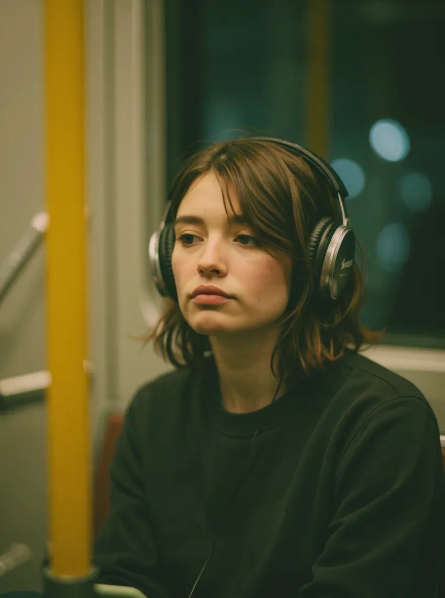 Young woman in recording studio, seen through blurred yellow pillar