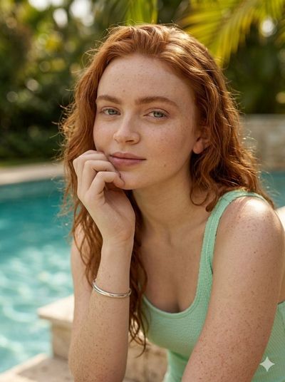 Sunlit Serenity: Redhead in Mint Green by the Tropical Pool