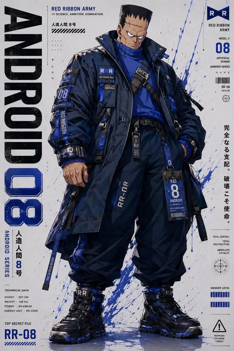 Red Ribbon androids display tactical techwear in a cyberpunk poster