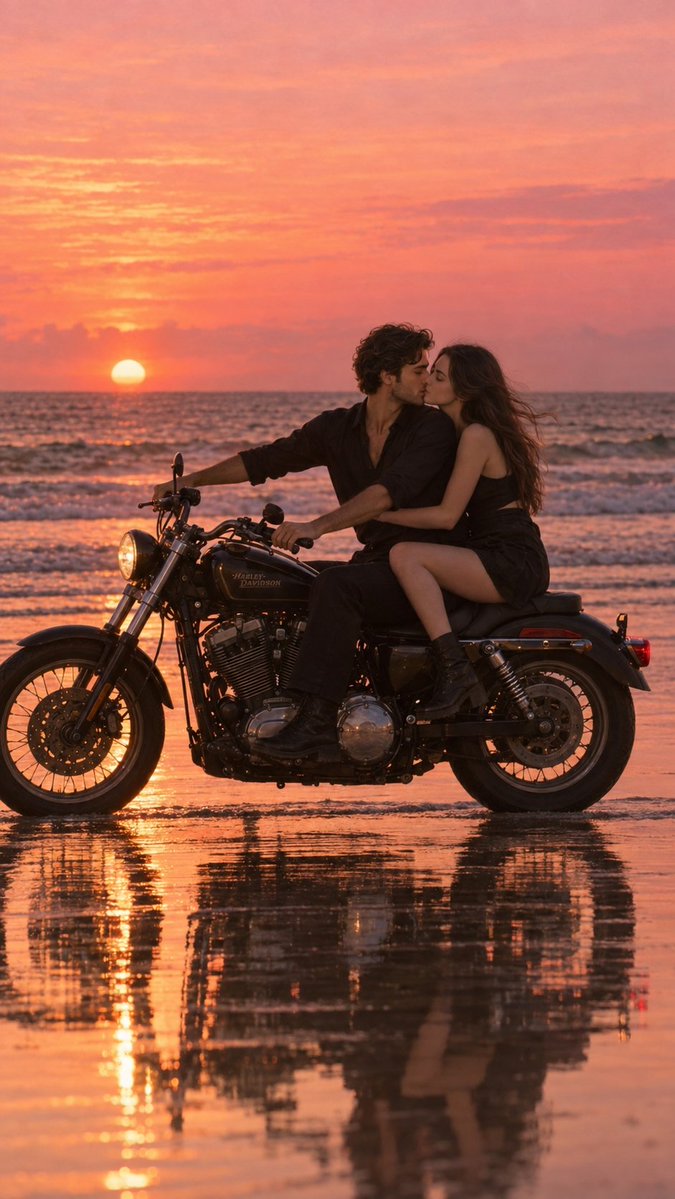 Couple Kisses on Harley at Wet Sunset Beach with Reflections