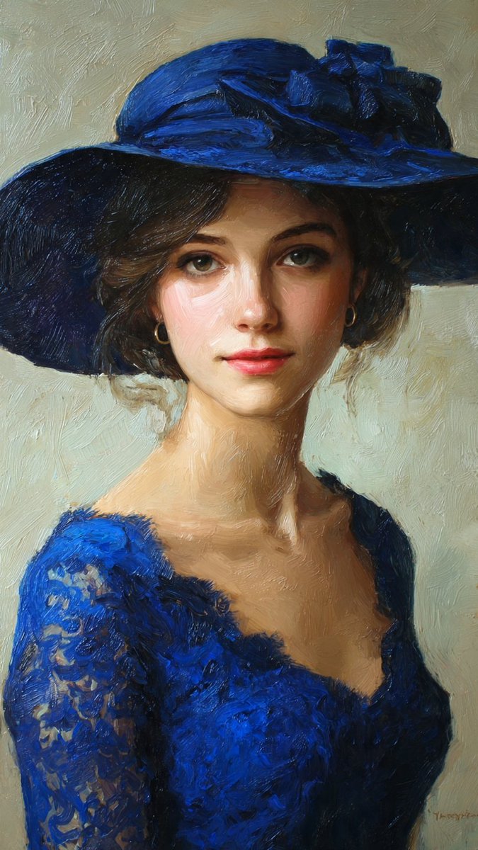 Elegant Woman in Blue Hat Rendered with Textured Oil Brushstrokes