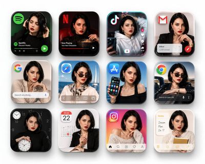 A woman appears in twelve glossy app icons on a white background